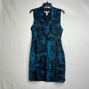 Abstract Teal Black Print Dress Women Large Sleeveless Surplice Mini Cocktail